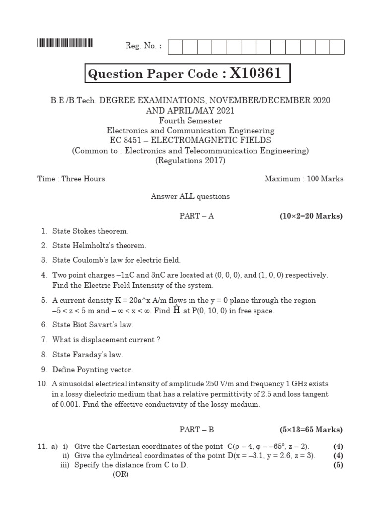 EC8451 Electromagnetic Fields Exam Guide | PDF | Electric Field ...