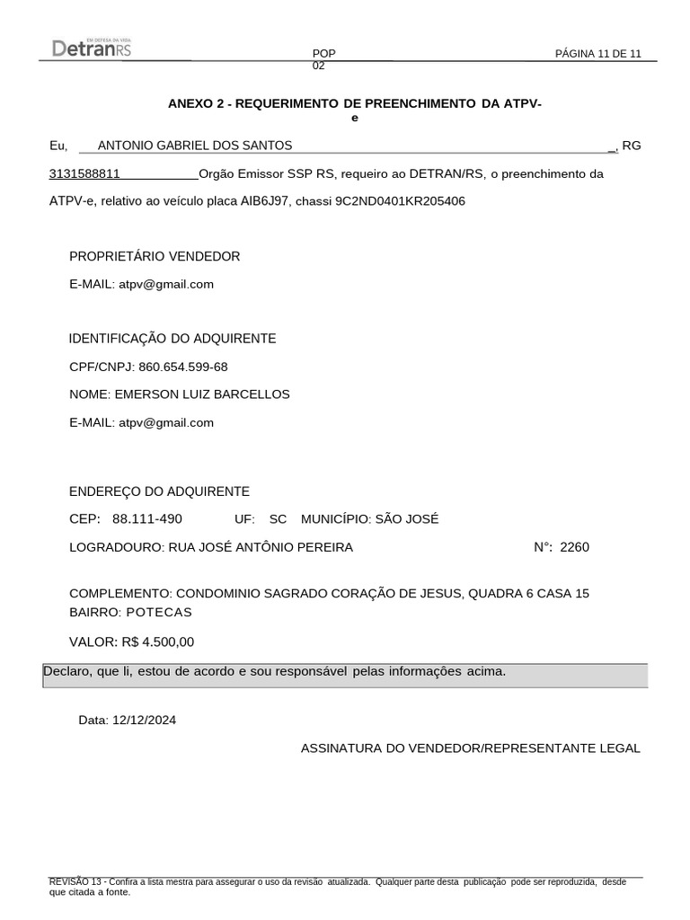 Requerimento ATPV-e para Veículo | PDF