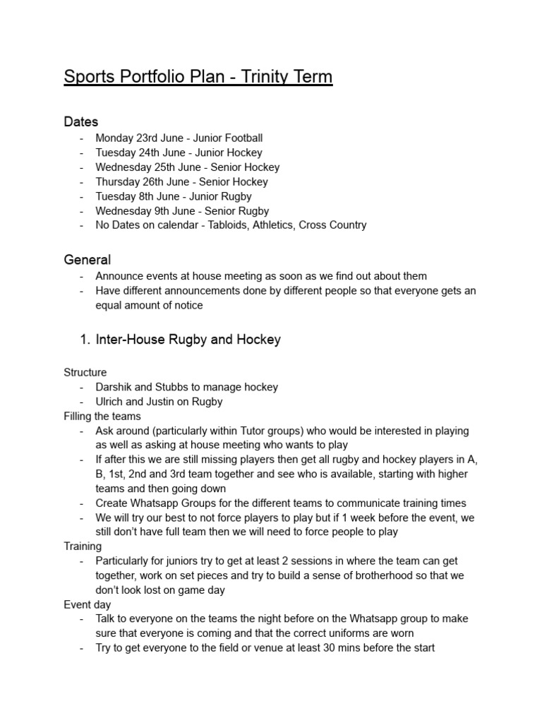 Trinity Term Sports Portfolio Plan | PDF