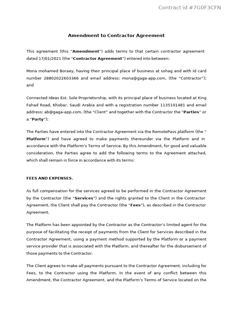 Amendment To Contractor Agreement | PDF | Private Law | Business Law