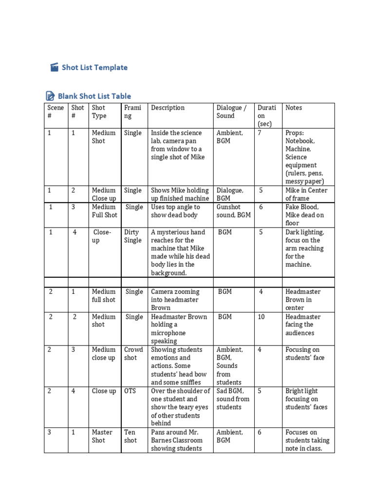 Shot List Template for Film Scenes | PDF