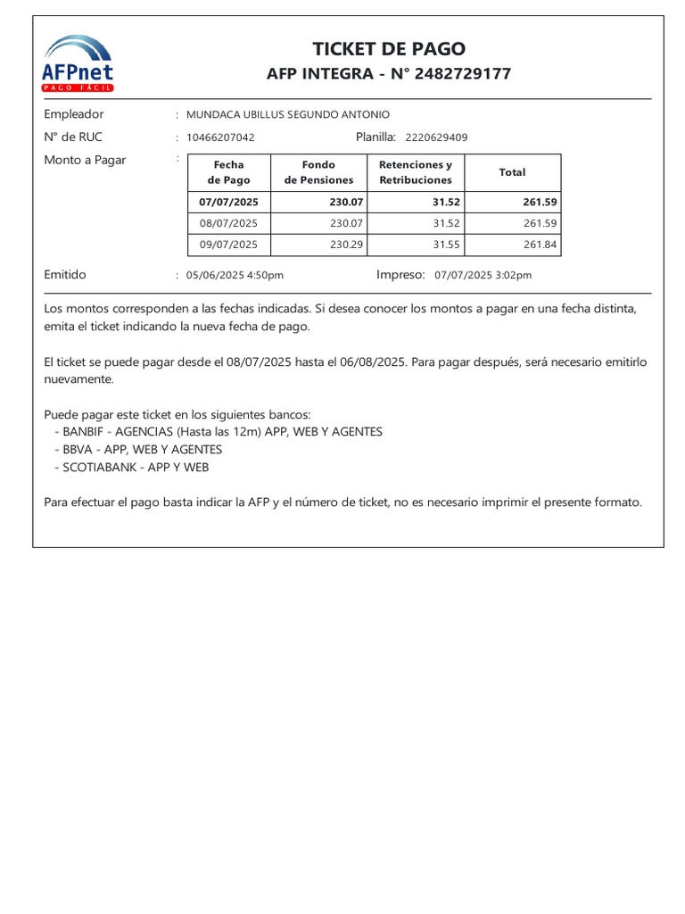 Ticket de Pago AFP Integra 2025 | PDF