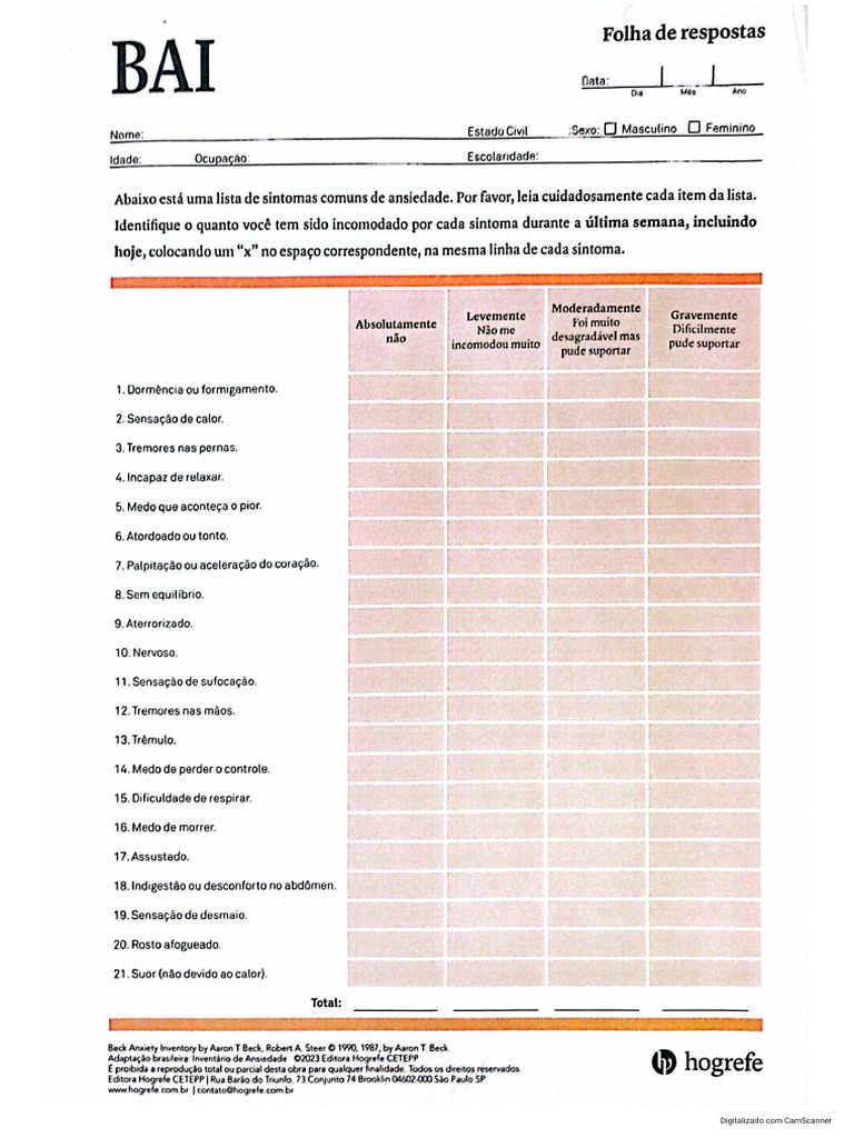 BAI - Inventário de Ansiedade de Beck | PDF