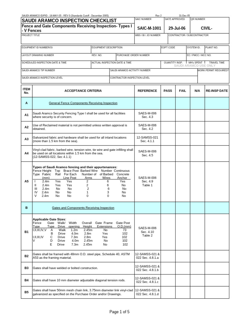 Saudi Aramco Fencing Inspection Checklist | PDF | Pipe (Fluid Conveyance)