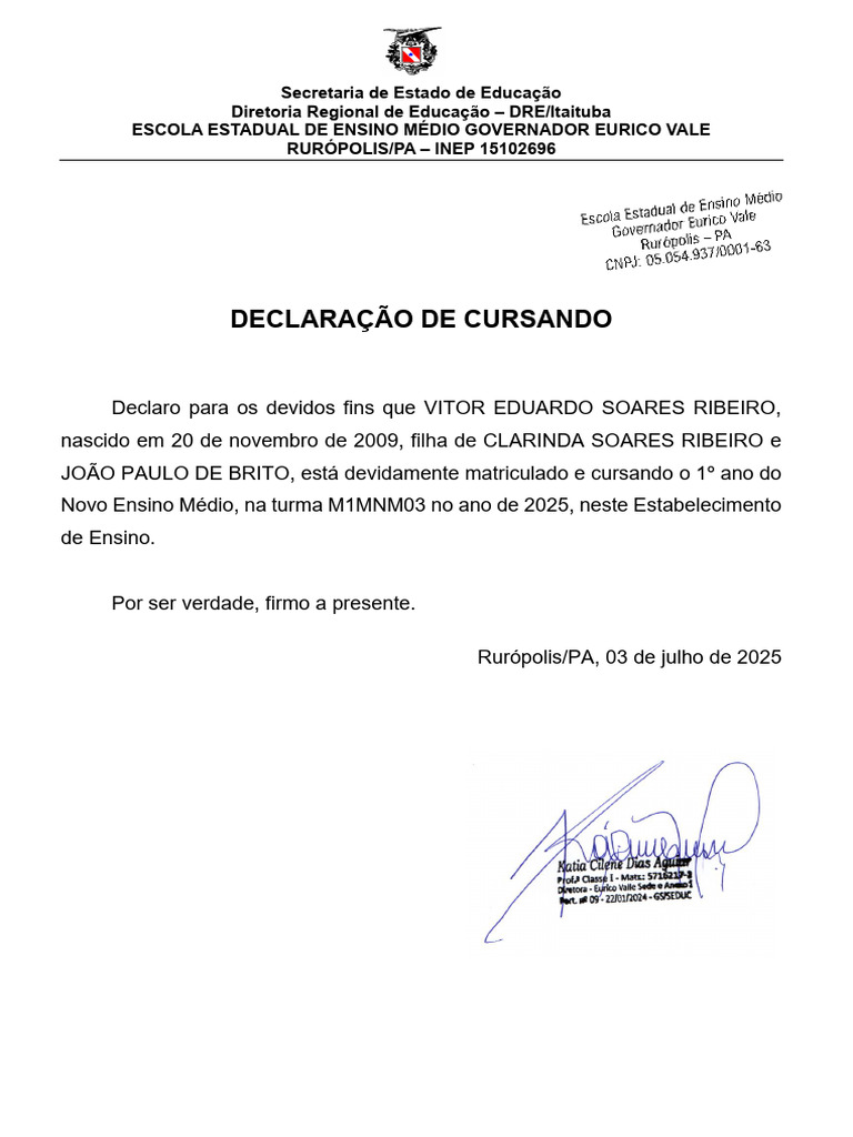 Declaração de Cursando 1º Ano Ensino Médio | PDF