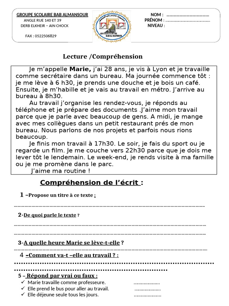 Routine quotidienne de Marie | PDF | Phrase | Linguistique