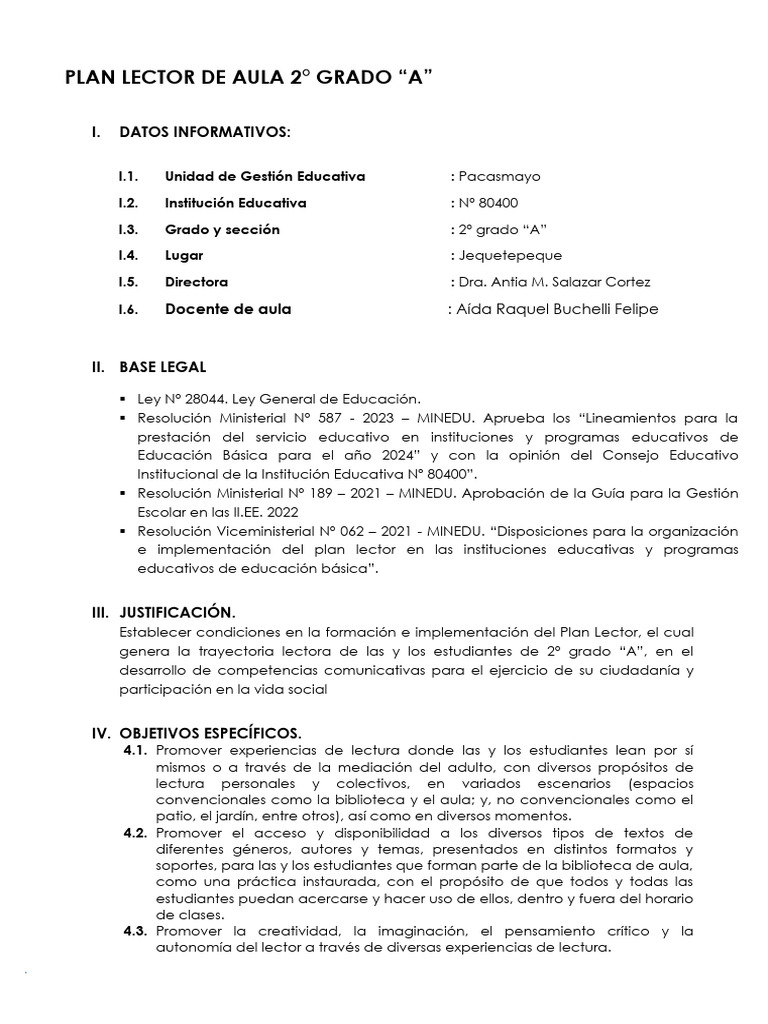 Plan Lector para 2° Grado "A" 2024 | PDF | Maestros | Salón de clases