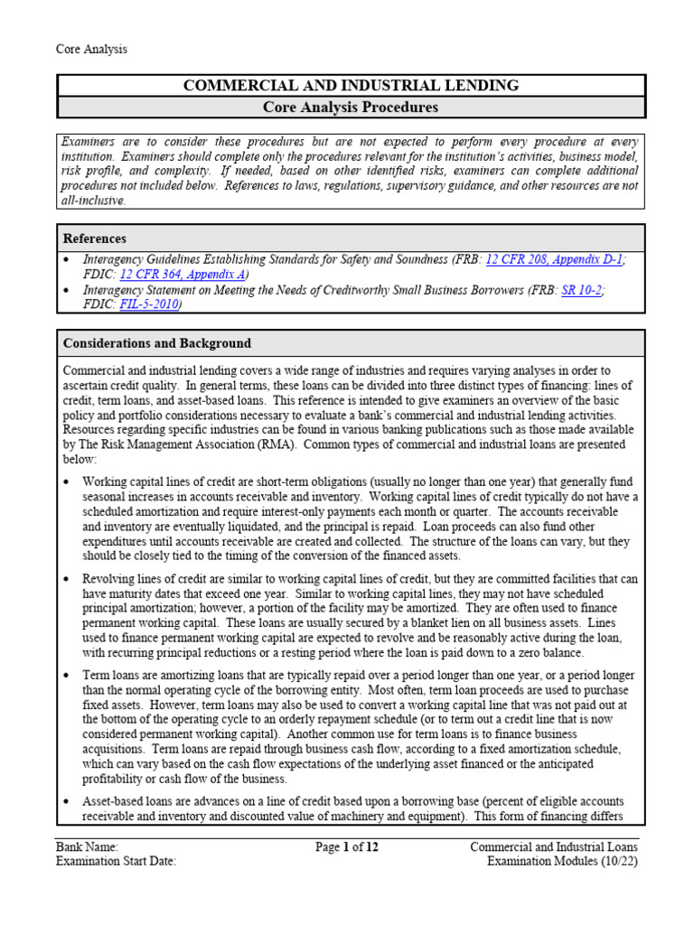 C&I Lending Examination Guidelines | PDF | Loans | Debt