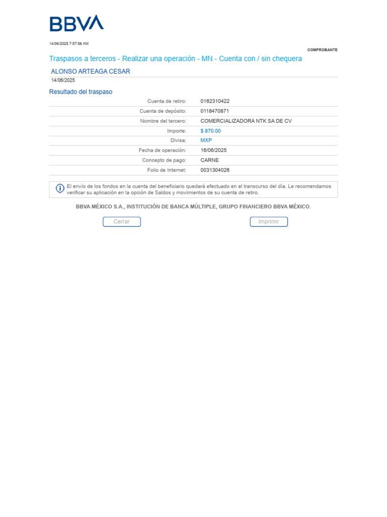 Traspaso de $870 a Comercializadora NTK | PDF