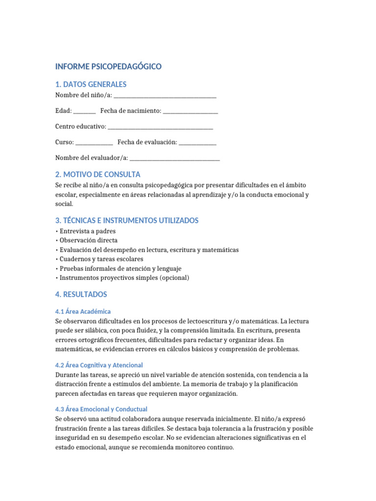 Informe Psicopedagógico de Dificultades de Aprendizaje | PDF | Las ...
