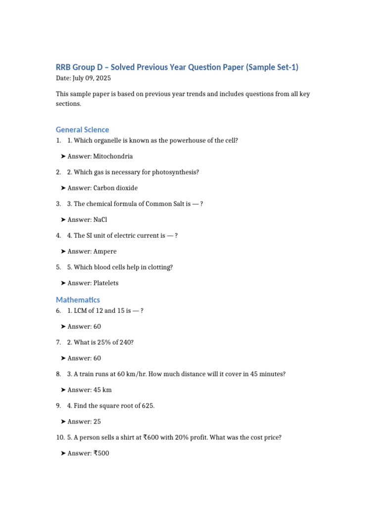 RRB Group D Solved Paper Set-1 | PDF