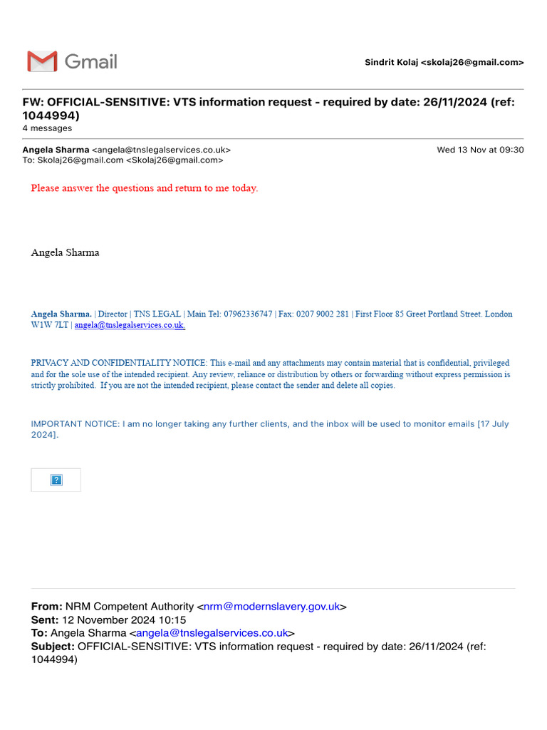 FW: OfFICIAL-SENSITIVE: VTS Information Request - Required by Date: 26 ...