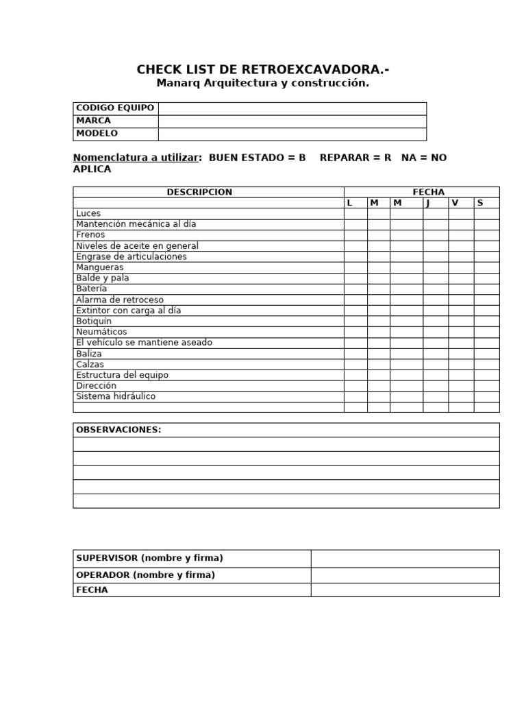 Check List Retroexcavadora | PDF