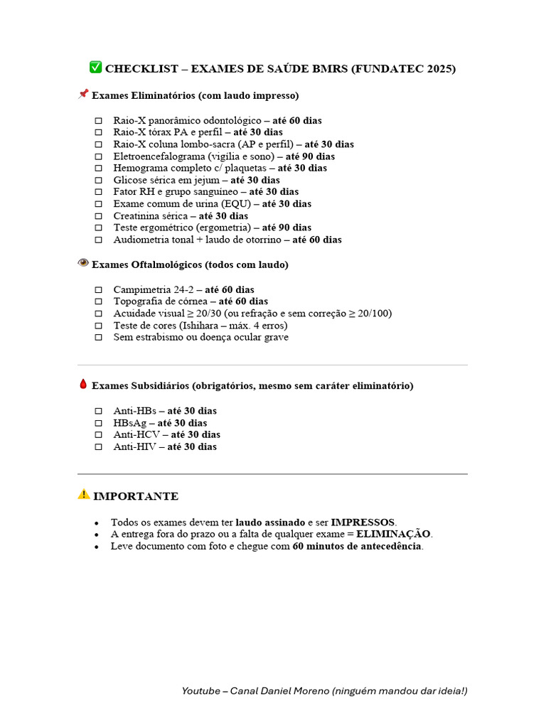 Checklist Exames de Saúde BMRS 2025 | PDF