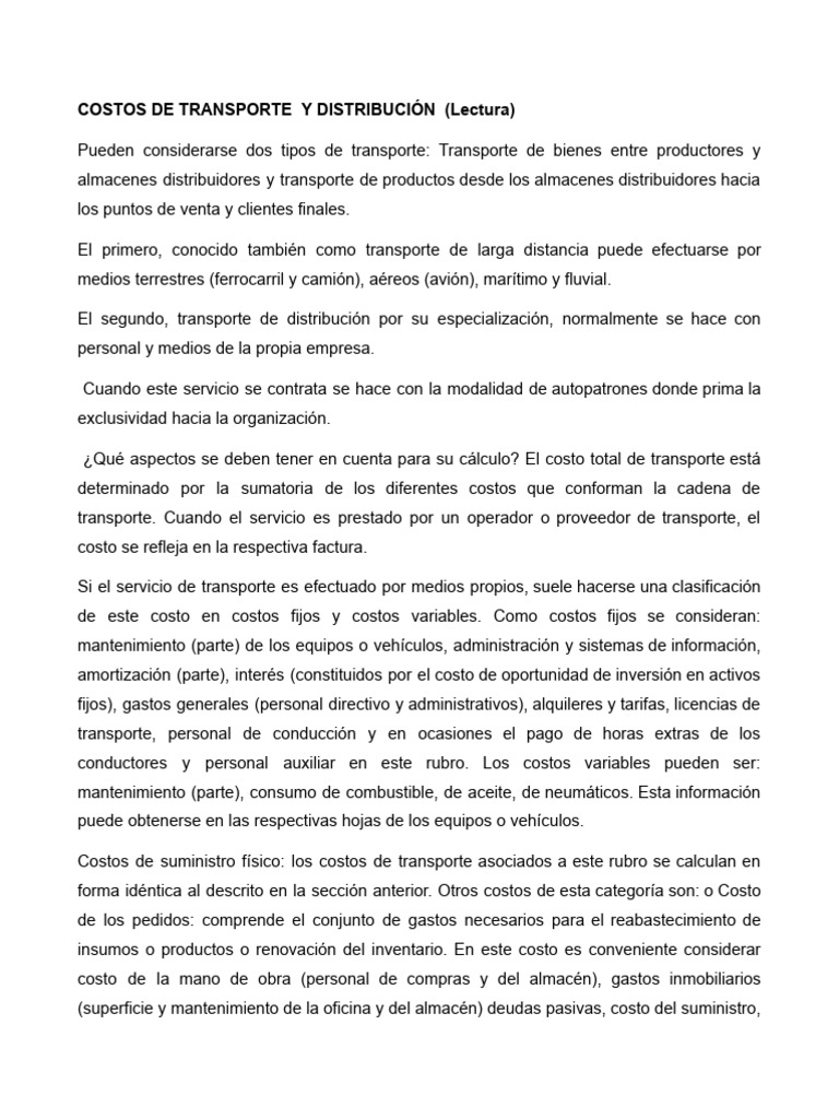 Costos de Transporte y Distribución Logística | PDF | Transporte | Costo