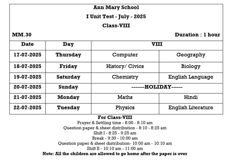 Class VIII Unit Test Schedule July 2025 | PDF