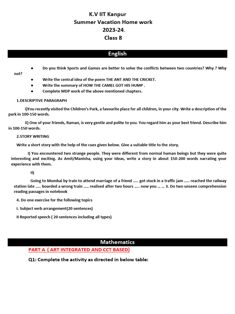 Class 8 Summer Homework Assignments | PDF | Rectangle | Area
