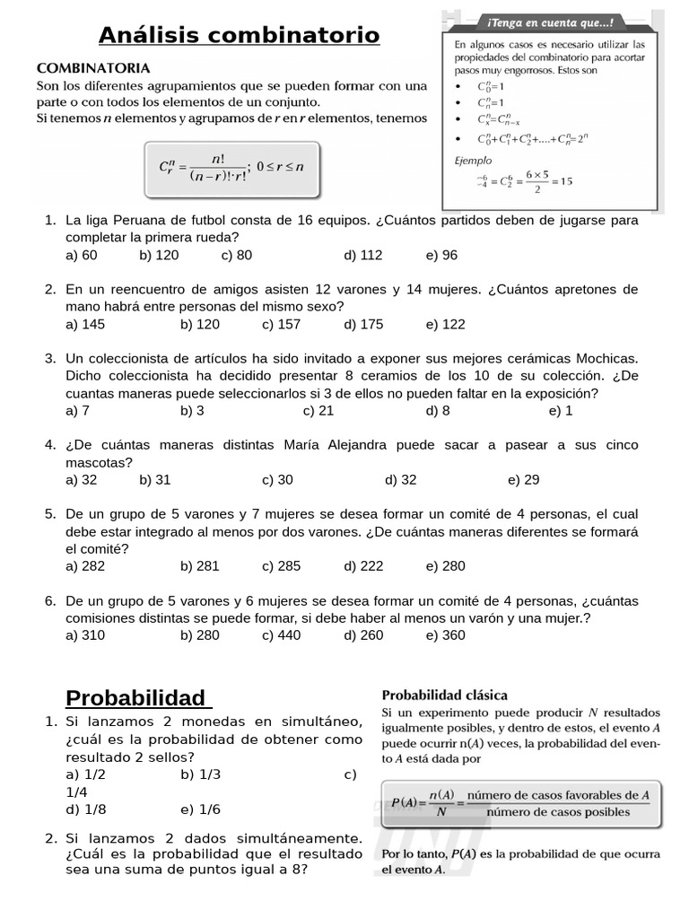 Ejercicios de Combinatoria y Probabilidad | PDF | Matemáticas