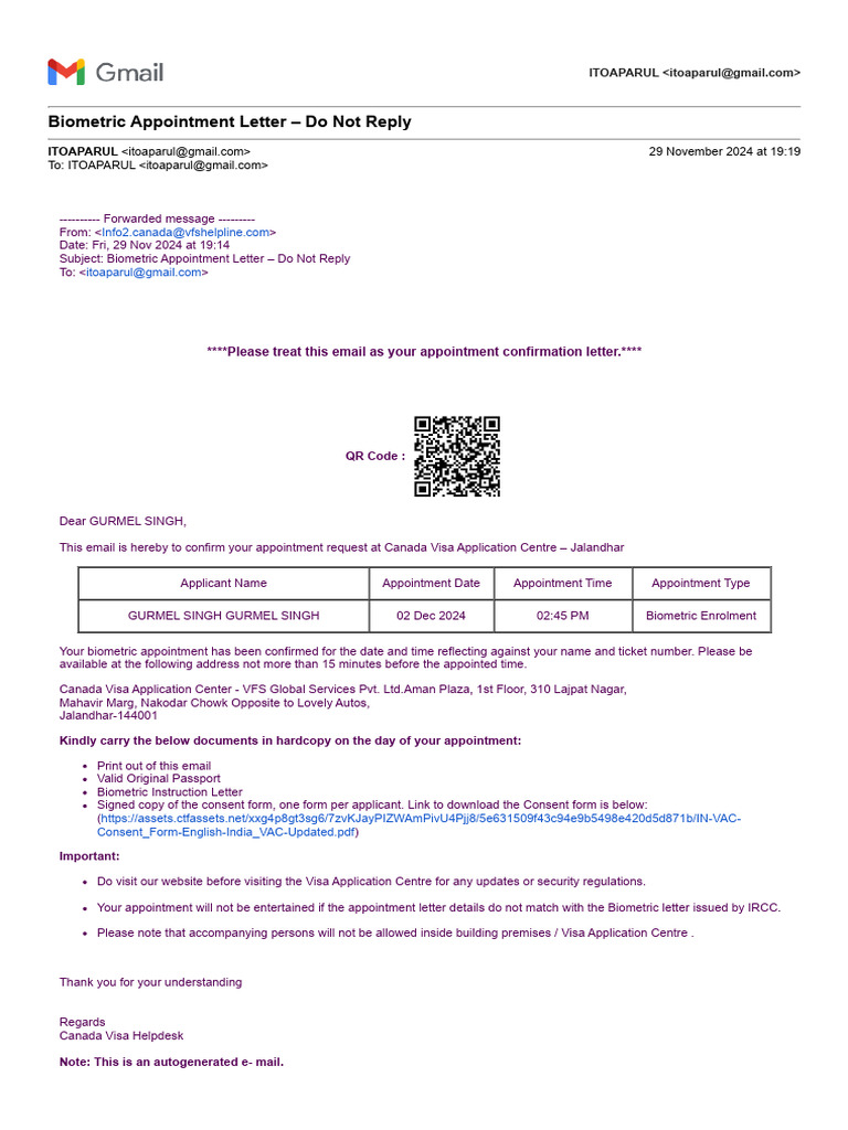Biometric Appointment Confirmation Email | PDF | Government And Personhood