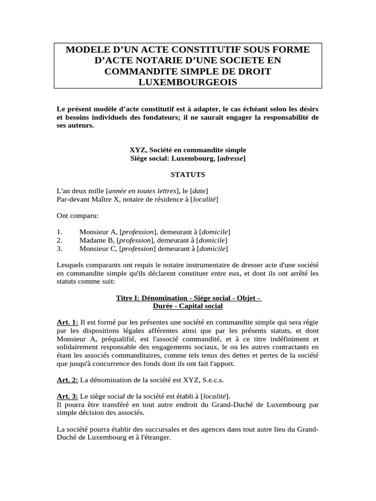 Modèle de Statuts Types S.e.c.s. | PDF