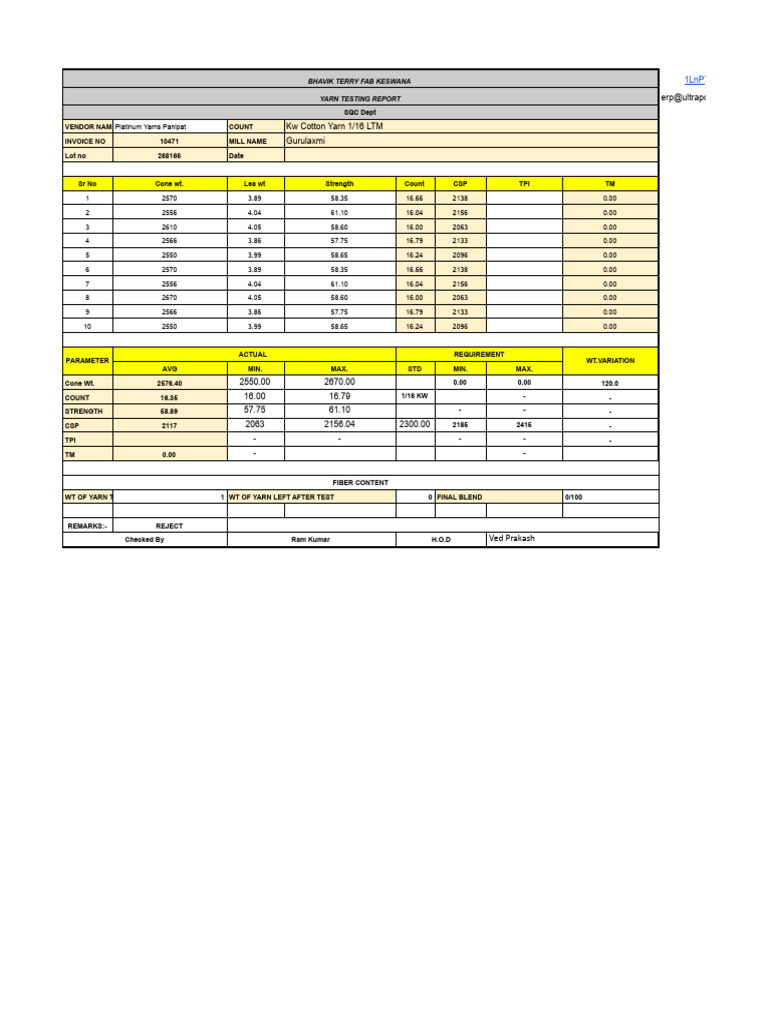 QC Report#10471 - KW Cotton Yarn 1 - 16 LTM - 268166 - Reject | PDF ...