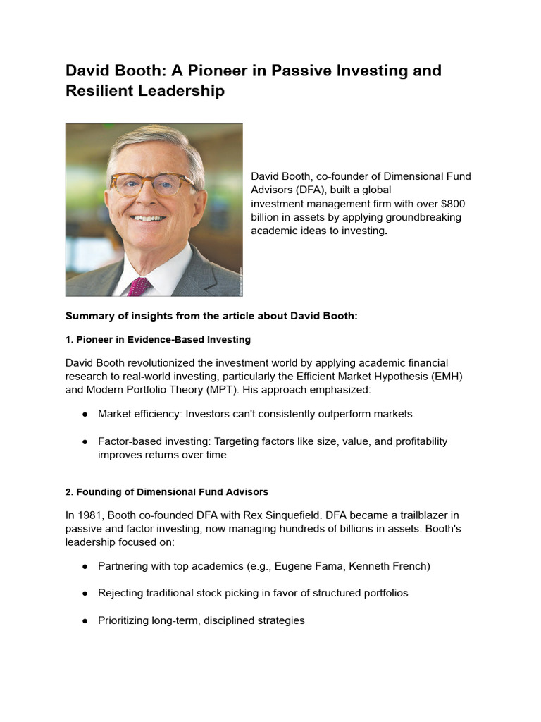 David Booth A Pioneer in Passive Investing and Resilient Leadership | PDF