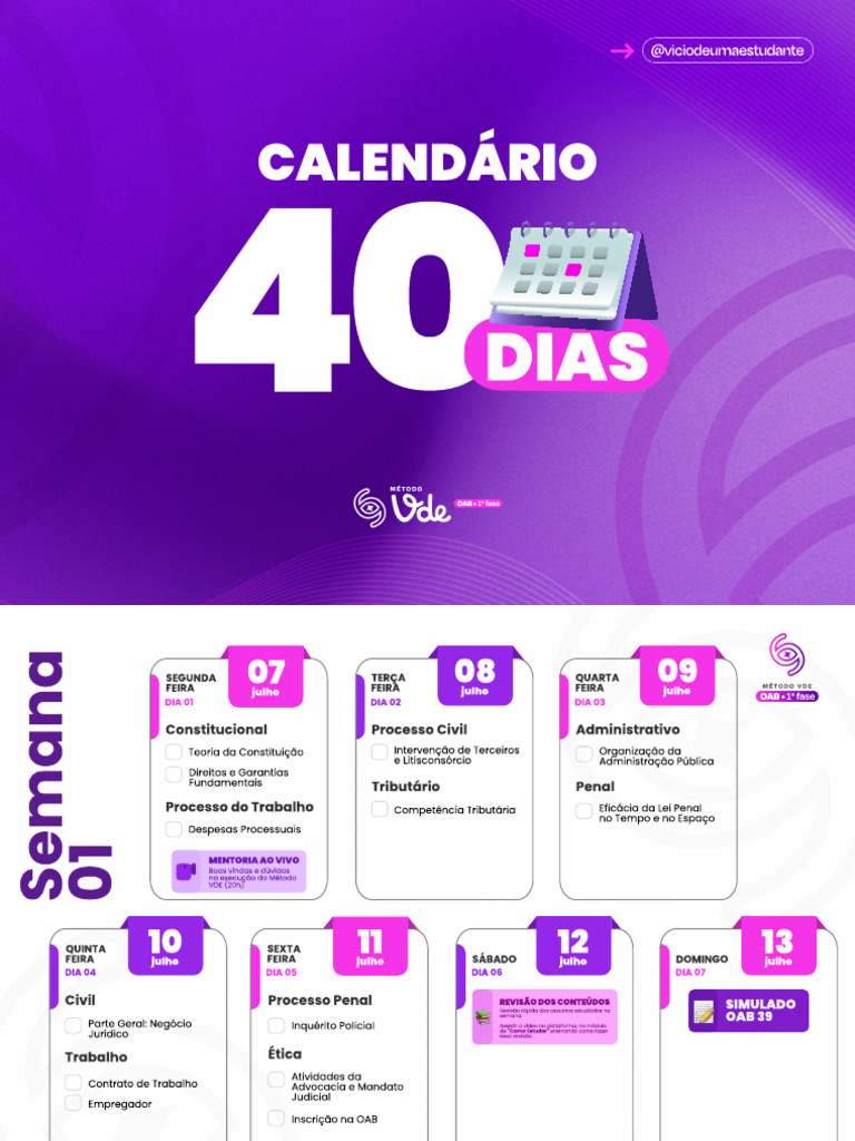 Calendário de Estudos OAB 40 Dias | PDF | Advogado | Processo civil
