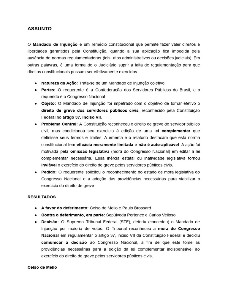 Mandado de Injunção e Direito de Greve | PDF | Constituição | Lei ...