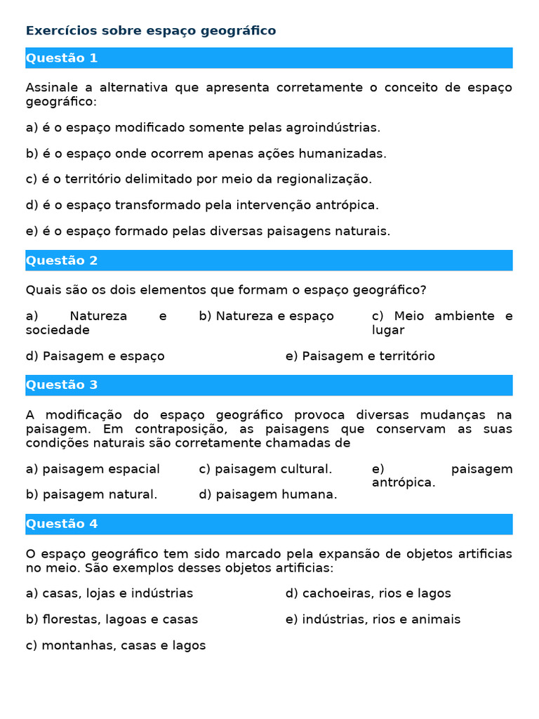 Exercícios sobre Espaço Geográfico | PDF | Paisagem | Tempo