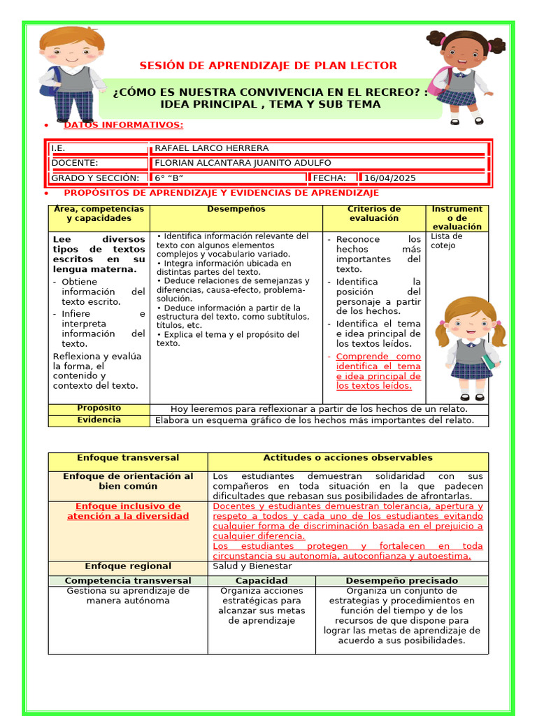 Miercoles 16 - Sesión de Plan Lector | PDF | Aprendizaje | Ciencia ...