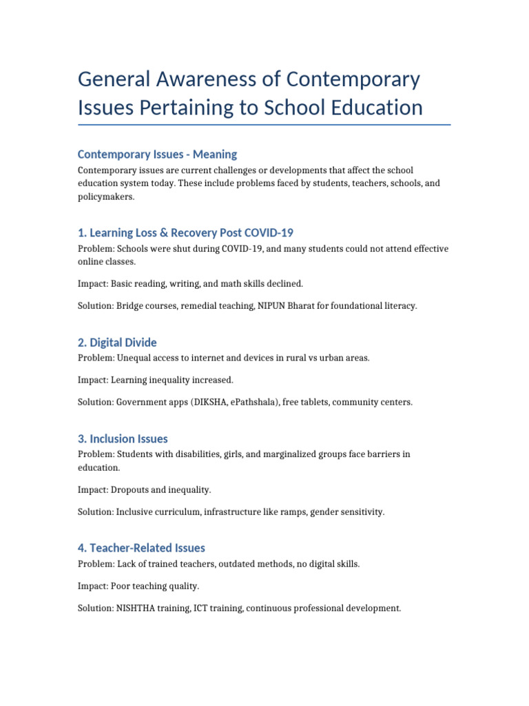 Contemporary Issues in School Education | PDF