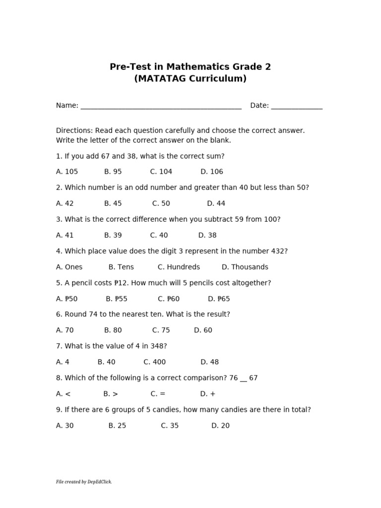 Grade 2 Math Pre-Test (MATATAG) | PDF | Numbers | Mathematics
