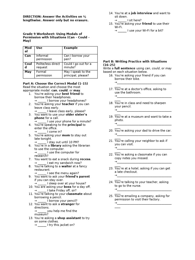 Grade 9 Modals of Permission Worksheet | PDF