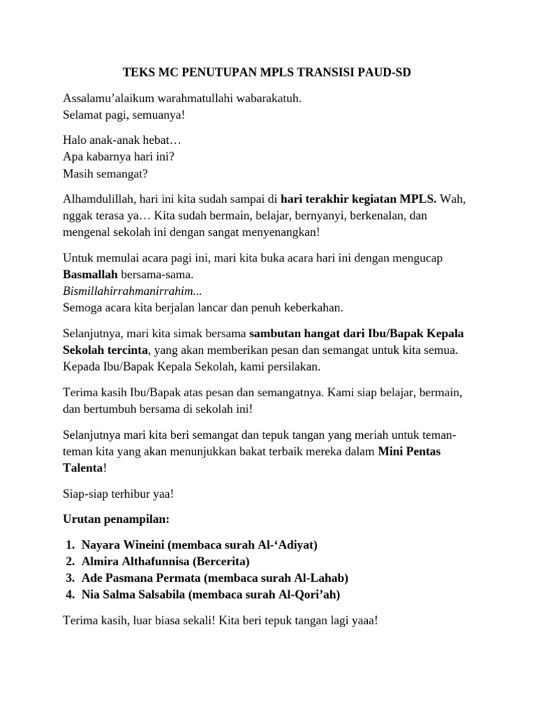 Teks MC Penutupan MPLS PAUD-SD | PDF