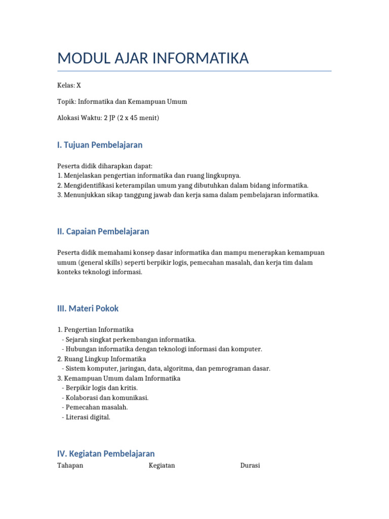 Modul Ajar Informatika Kelas X | PDF