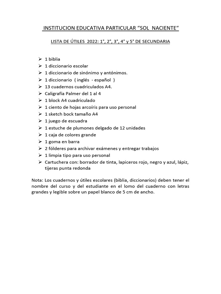 Lista de Útiles Secd. - Sol Naciente 2022 | PDF