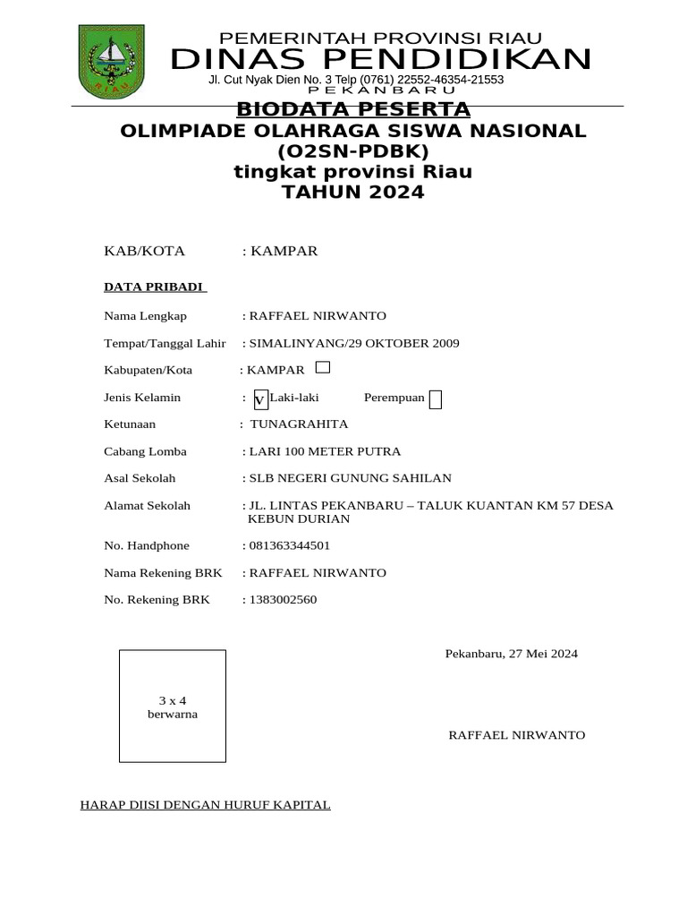 Biodata Peserta O2SN Riau 2024 | PDF