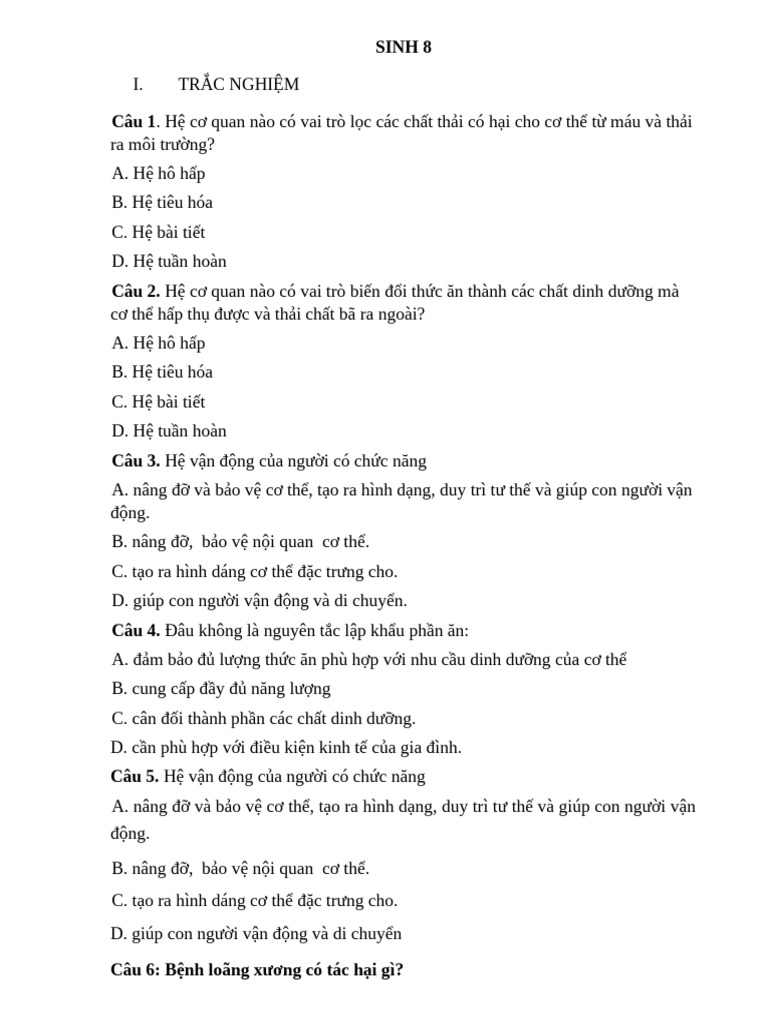 ÔN TẬP SINH 8 1 | PDF