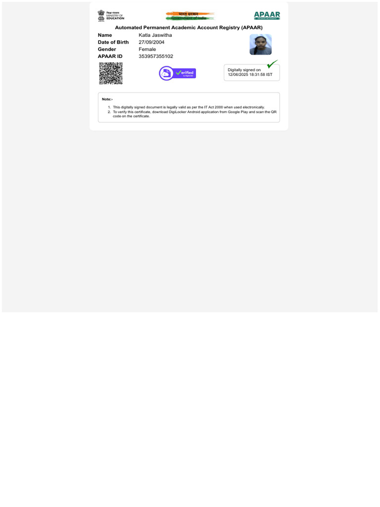 Digitally Signed APAAR Certificate | PDF