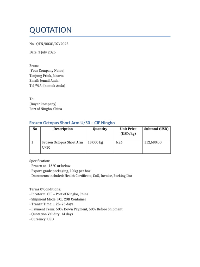 CIF Quotation for Frozen Octopus | PDF