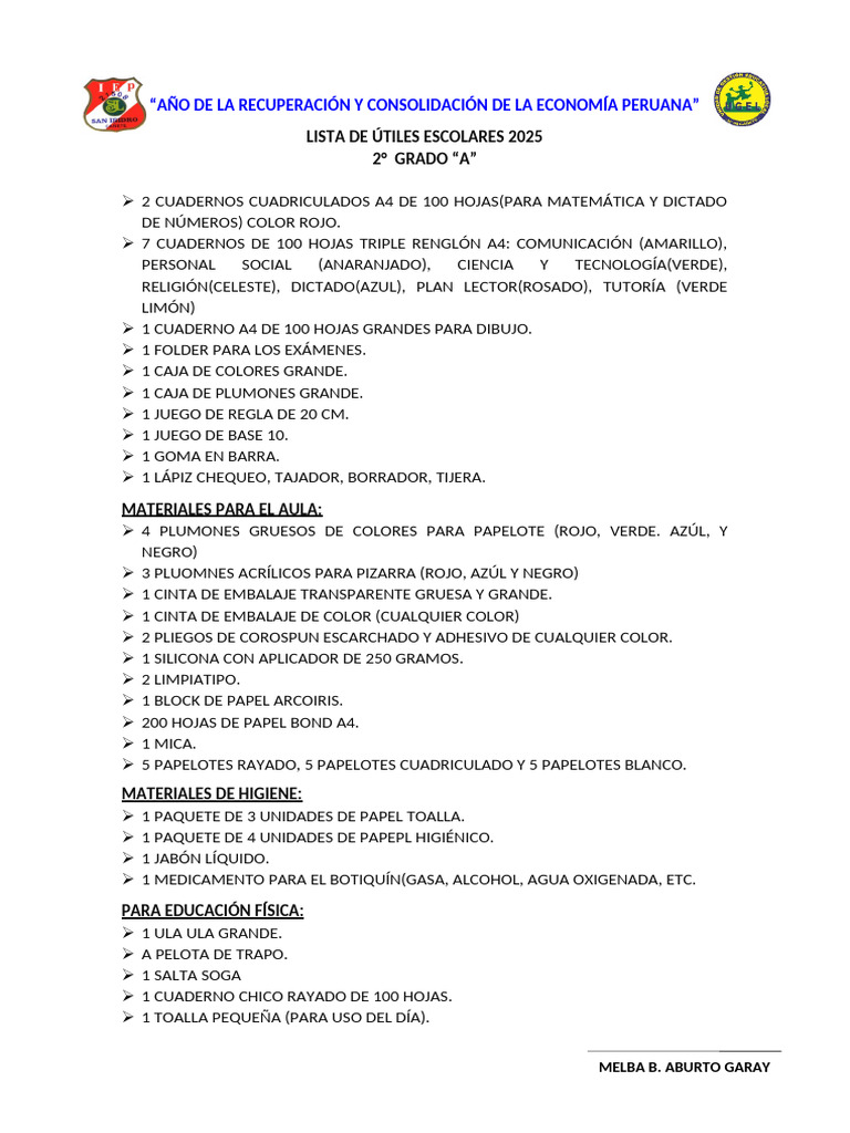 Útiles Escolares 2025 para 2° Grado A | PDF