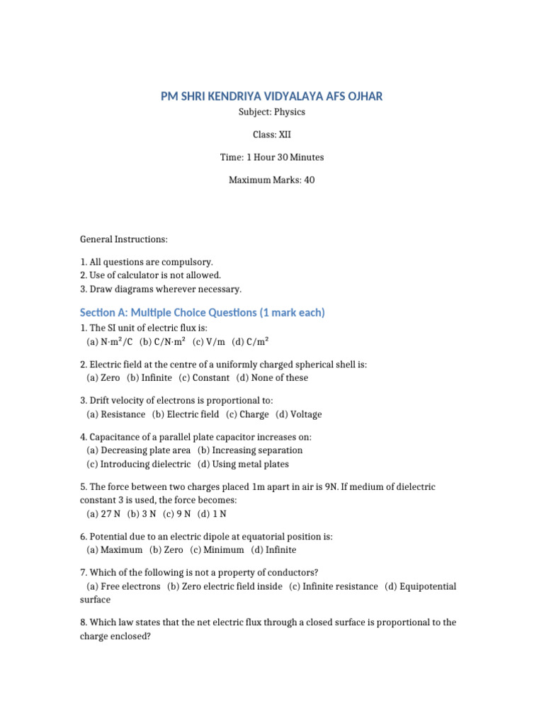 Physics Exam Paper for Class XII | PDF | Capacitance | Capacitor