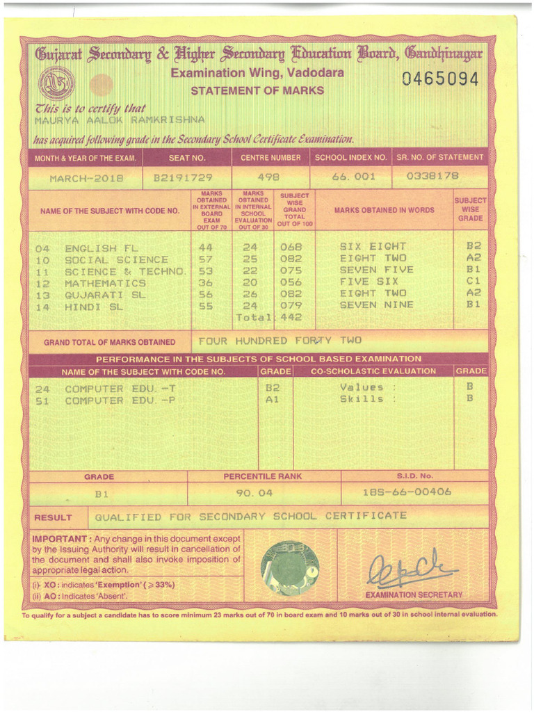 HSE SSE Marksheets | PDF