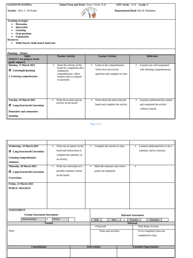 Grade 8 Lesson Plan: Term 1 Weeks 9-10 | PDF | Reading Comprehension ...