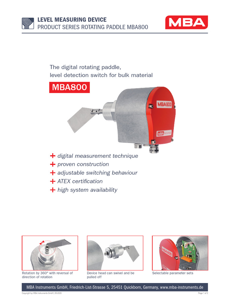 MBA800 Rotating Paddle Level Sensor | PDF | Sensor | Electrical Engineering