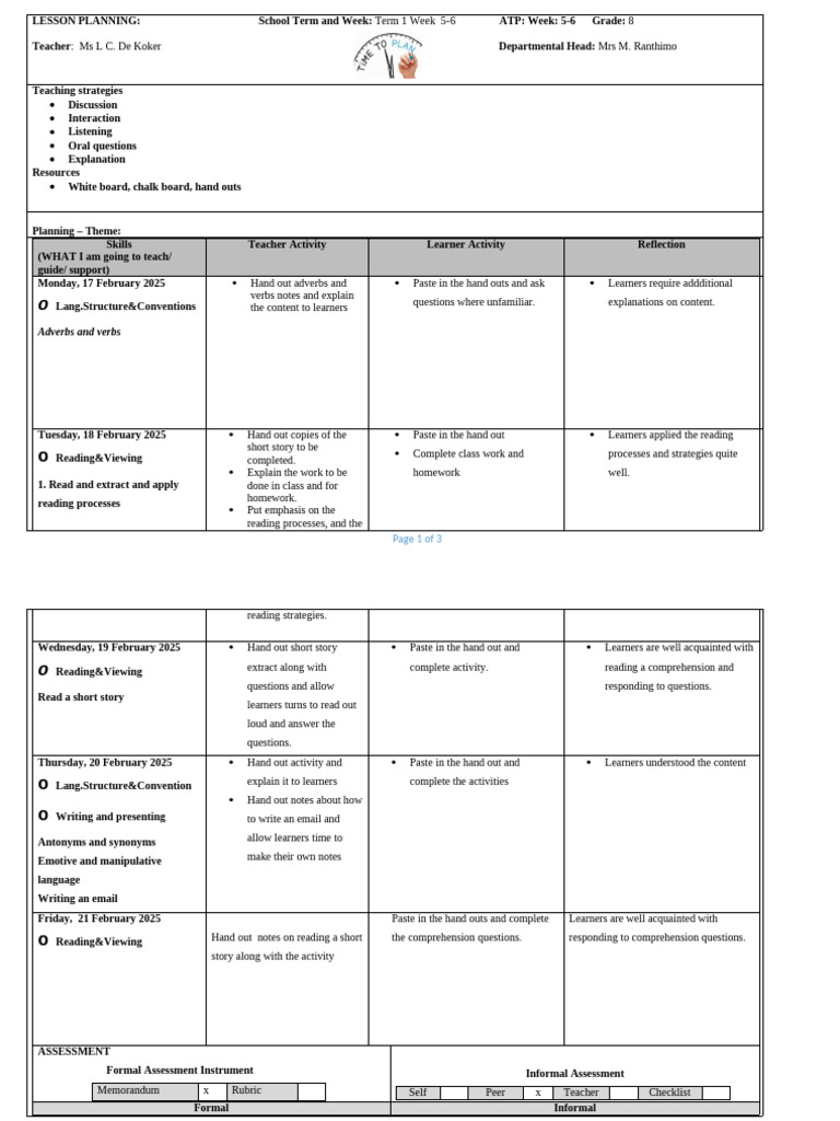 Grade 8 Lesson Plan: Term 1 Weeks 5-6 | PDF | Lesson Plan | Reading ...