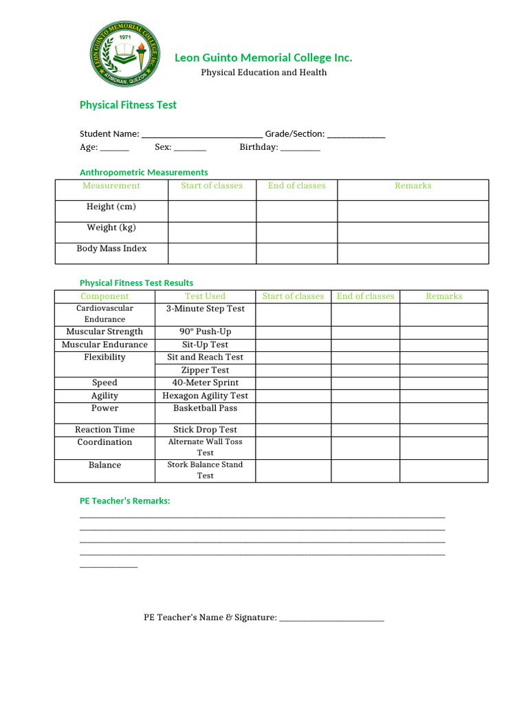 Grade7 Physical Fitness Test | PDF
