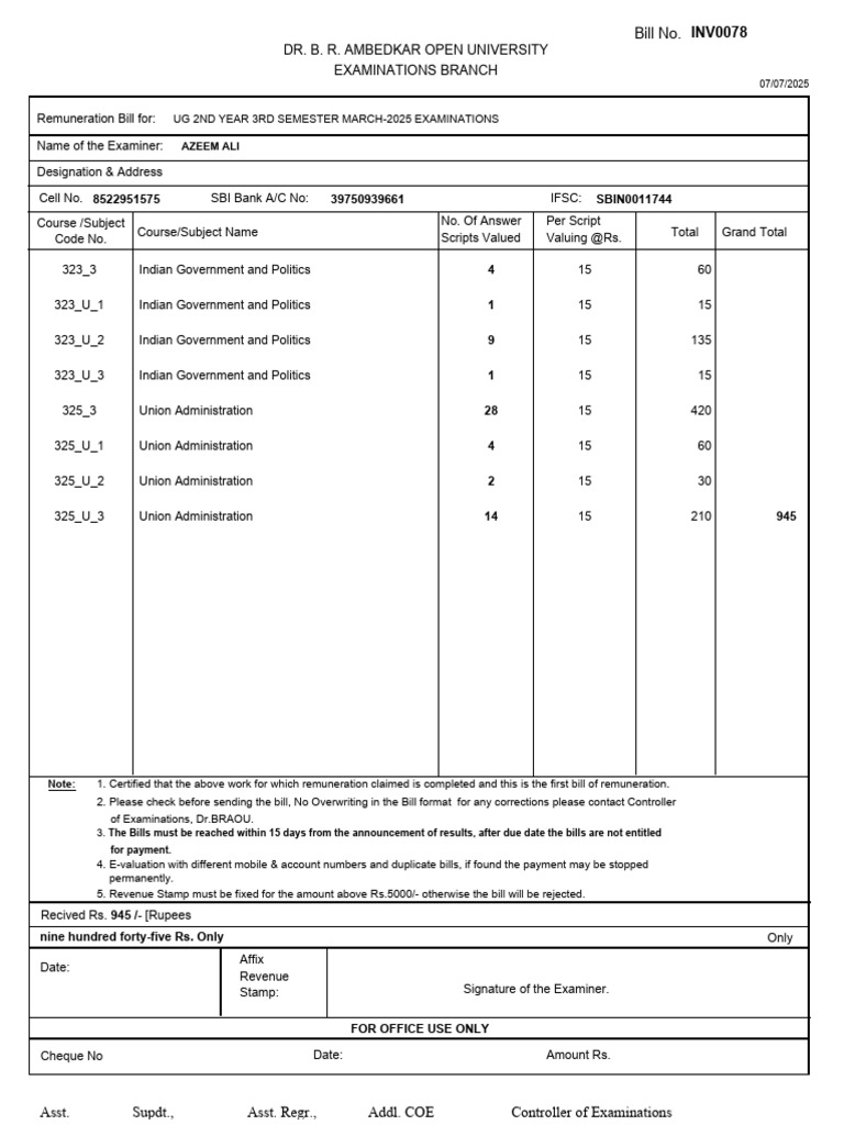 Remuneration Bill for Exam Valuation | PDF