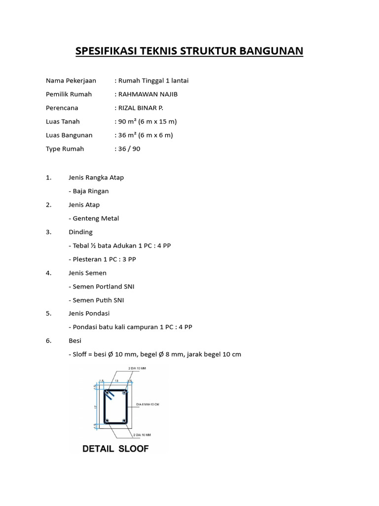 Spesifikasi Teknis Rumah Tinggal 1 Lantai | PDF