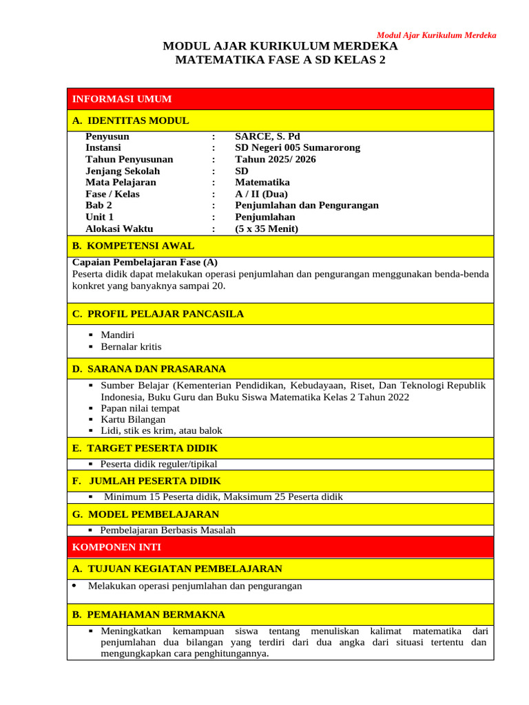 Modul Ajar Matematika Kelas 2 SD | PDF